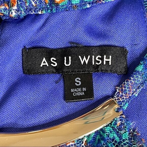 As U Wish Blue Green Geometric Halter Neck Metal Detail Shift Dress Size Small - Picture 3 of 15